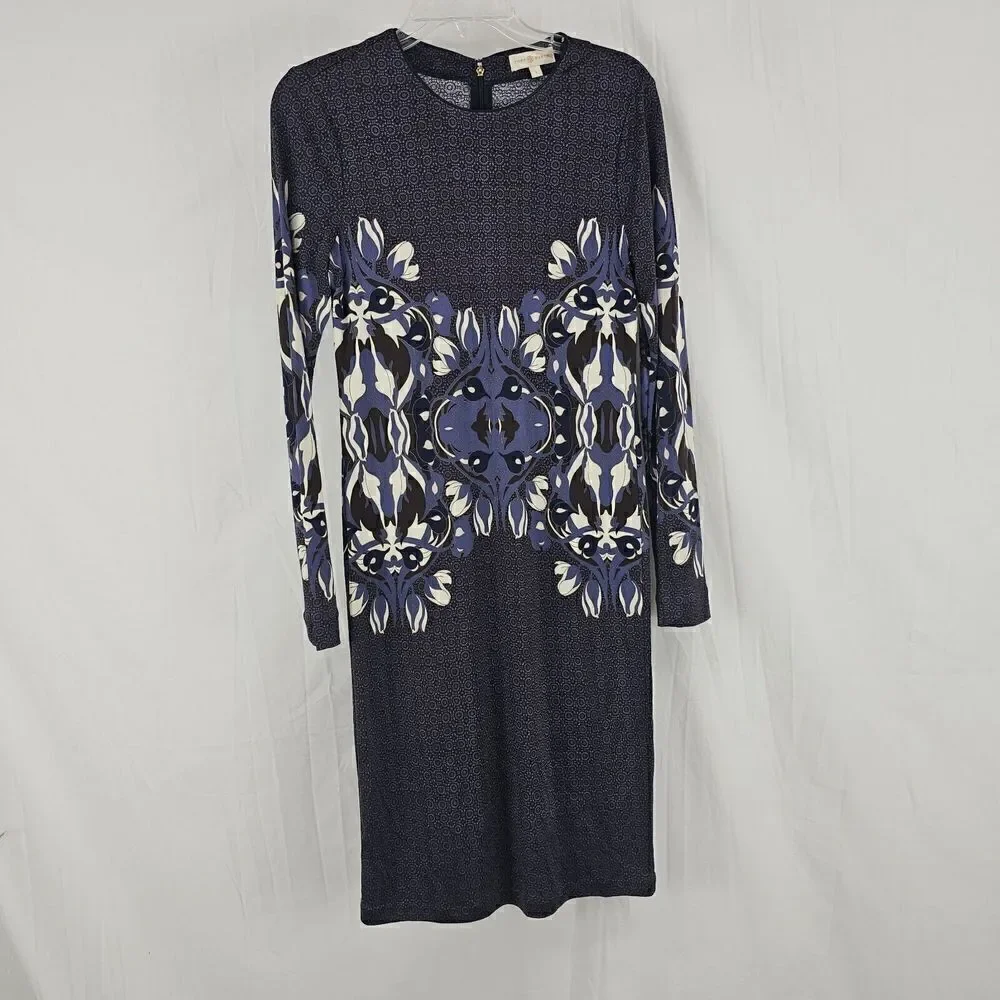 Tory Burch Flavia Blue Multicolored Long Sleeve Silk Dress Size Small